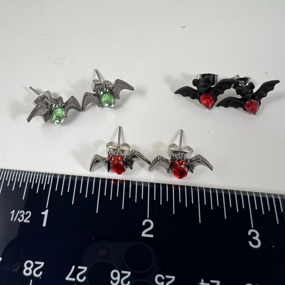 Bat-Themed Stud Earrings Set Of 3 With Green & Red Gemstones Metal & Enamel Hall - Picture 2 of 5